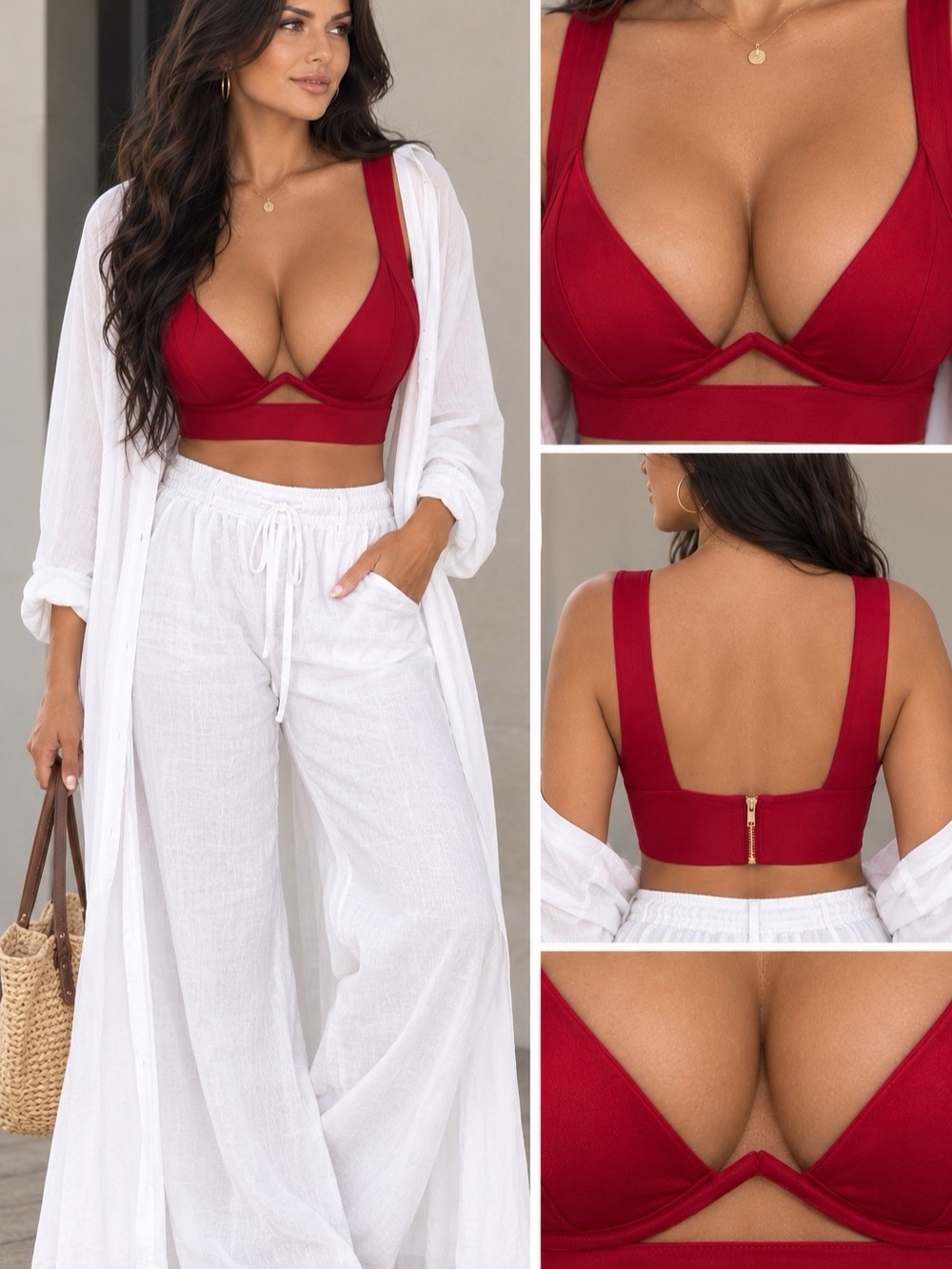 NWOT Attached Red Satin Underwire Crop Top Zip Back L 💄